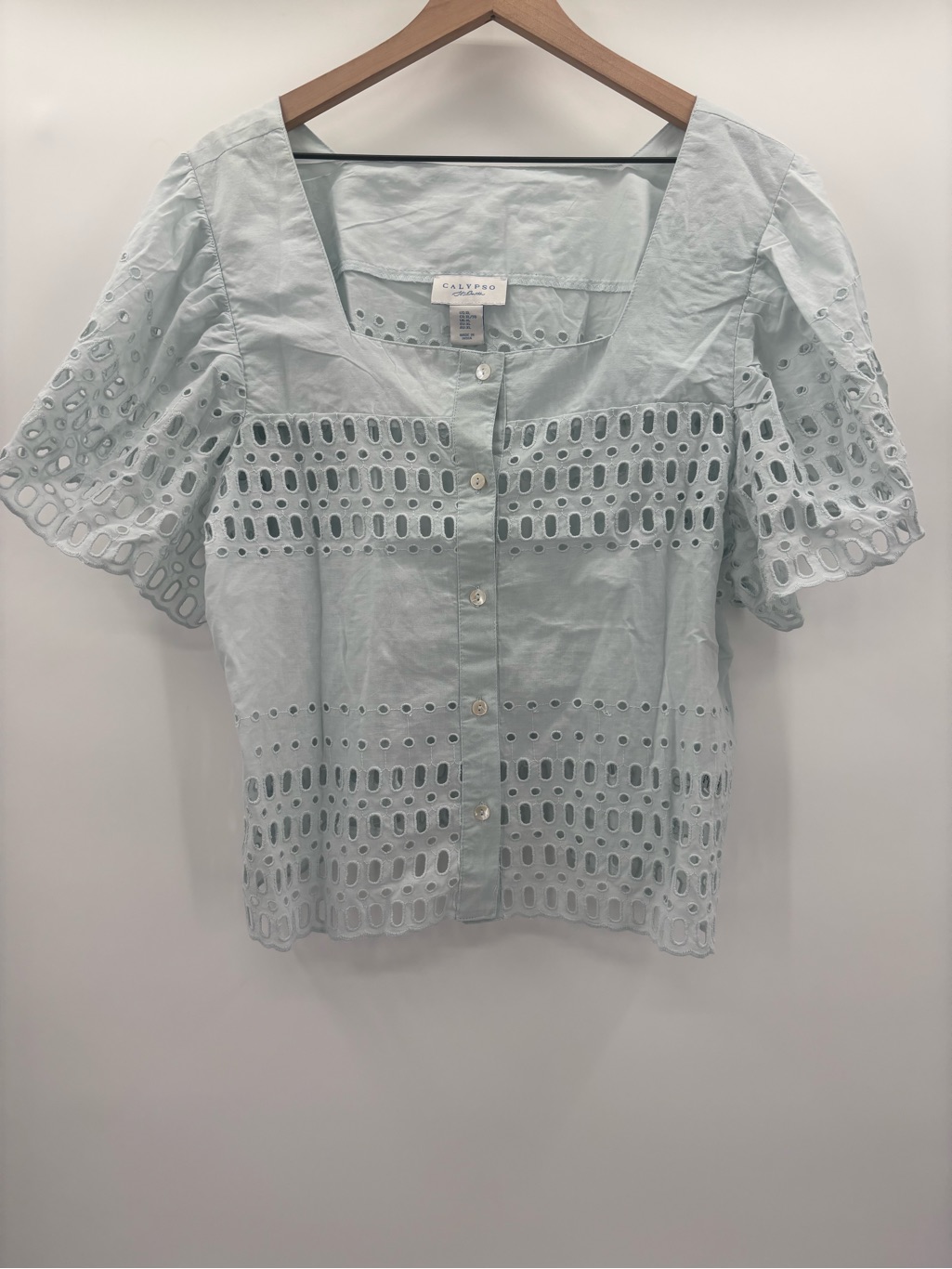 Calypso St. Barth Eyelet Flutter Sleeve Button Down Blouse In Light Seafoam Blue